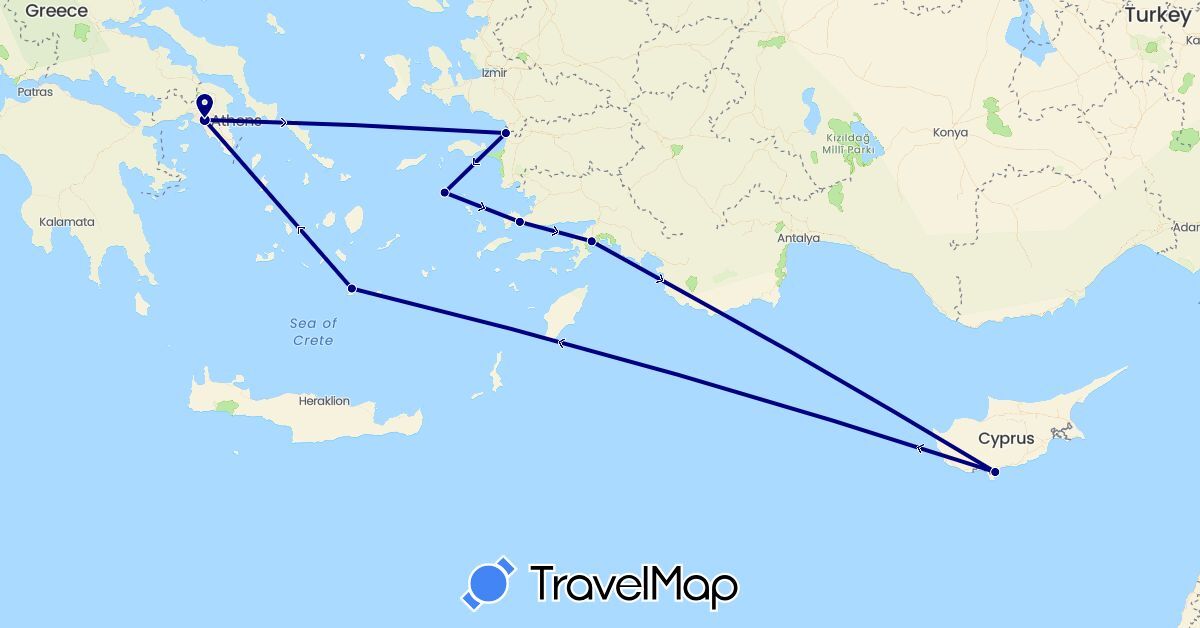 TravelMap itinerary: driving, boat in Cyprus, Greece, Turkey (Asia, Europe)